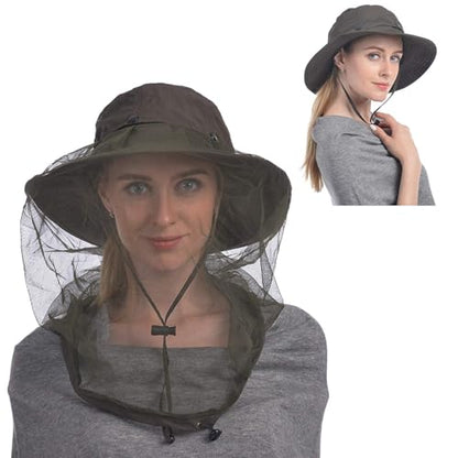 USHAKE Head Net Hat, Safari Hat Sun Hat Bucket Hat with Hidden Net Mesh - color: Green