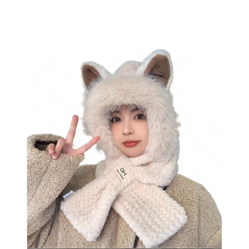 Scarf Hat with Fox Ears - Women's Winter Hooded Cozy Bear Hoodie for Cold Weather - Ultimate Warmth - color: Beige
