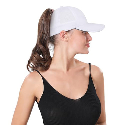 ZTL Womens High Ponytail Baseball Cap Performance Mesh Hat, Lightweight Quick Dry Race Day Running Hat with Reflective Trim - color: White