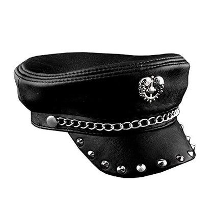 vogueteen New! Metal Rivet Studded Skull Mens Genuine Leather Biker Punk Rocker Cap Hat - size: 6 7/8-7