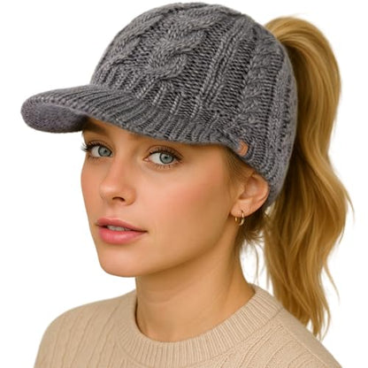 ChicPony™ Merino Wool Visor Ponytail Beanie with Brim Fleece Lined 3 Bun Openings Hole Warm Windproof Knit Cap Winter Hat - color: Urban Grey(pony)