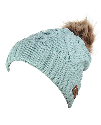 Women's Winter Fleece Lined Cable Knitted Pom Pom Beanie Hat - color: Mint