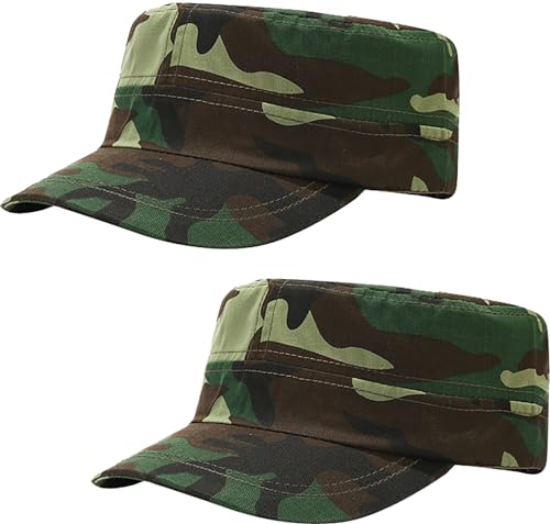 2 Pack Cadet Army Caps Flat Top Military Hats for Men Women - color: Green Camouflage