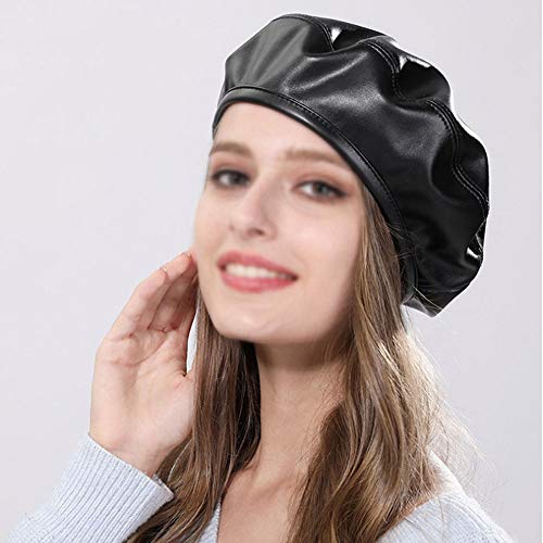Women Soft PU Leather Beret French Style Artist Painter Hat with Top Stem - color: Black