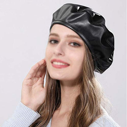 Women Soft PU Leather Beret French Style Artist Painter Hat with Top Stem - color: Black