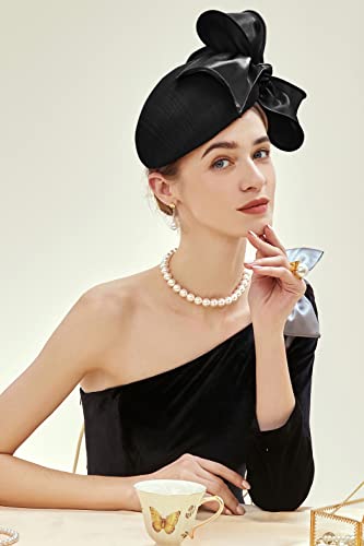 BABEYOND Fascinators Hats for Women Linen Satin Pillbox Bow Derby Tea Hat - color: Black