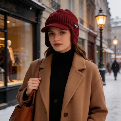 Ruphedy Mens Beanie with Brim Winter Hat Knitted Thick Fleece Visor Beanie - color: B323-claret