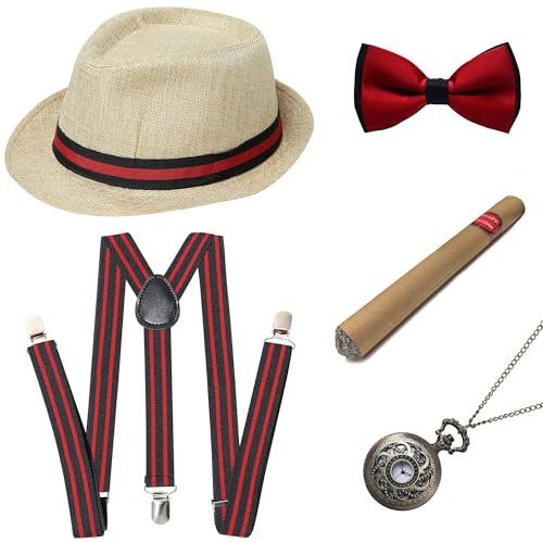 BABEYOND 1920s Mens Gatsby Gangster Accessories Set Panama Hat Suspender Bow Tie - color: Beige Red Set