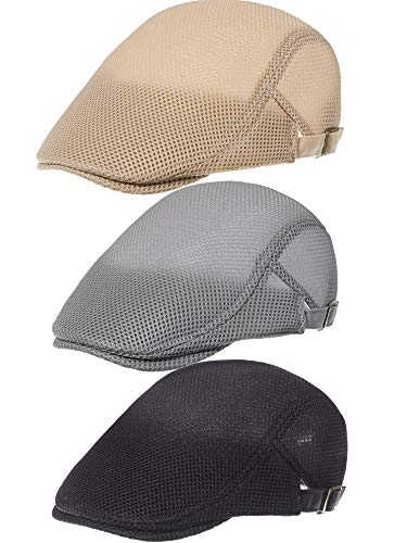 Geyoga 3 Pcs Mesh Newsboy Cap, Adjustable Mesh Cap - color: Beige, Light Gray, Black