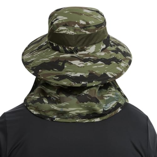 BASSDASH UPF 50+ Breathable Sun Hat with Removable Face Cover and Neck Flap Wide Brim Bucket Hat for Fishing Hiking Men Women - color: Mountain Stripes