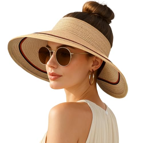 Women's Sun Visor Hats Wide Brim Straw Beach Hat Ponytail Hats for Women Foldable Floppy - color: 1pack-kahaki/Redstripe