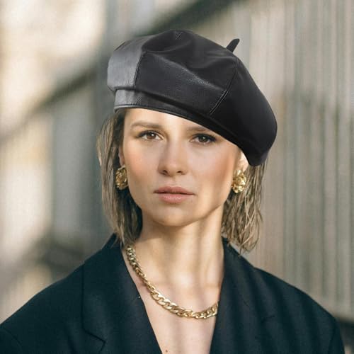 Women PU Leather French Beret Hat, 8-Panel Classic Artist Cap Causal Beanie Black, M