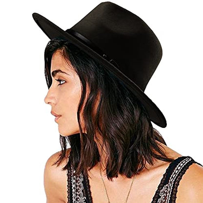 DRESHOW Women Classic Felt Fedora Wide Brim Floppy with Belt Buckle Panama Hat - color: 1 Pack: Felt Fedora Black