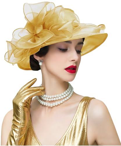 ORIDOOR Women's Organza Cloche Bowler Hat Derby Fascinator for Tea Party Bridal Wedding Hat - color: 011c1-golden