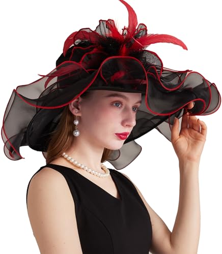 Women Derby Church Hat Organza Flower Wedding Tea Party Fascinator Wide Brim Sun Hat - color: 16-black Red