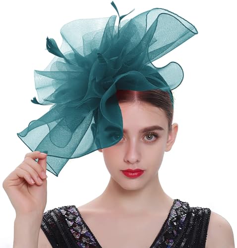 Women's Fascinators Hat for Women Tea Party Headband Wedding Cocktail Flower Mesh Feathers Hair Clip - color: 01 Peacock Blue