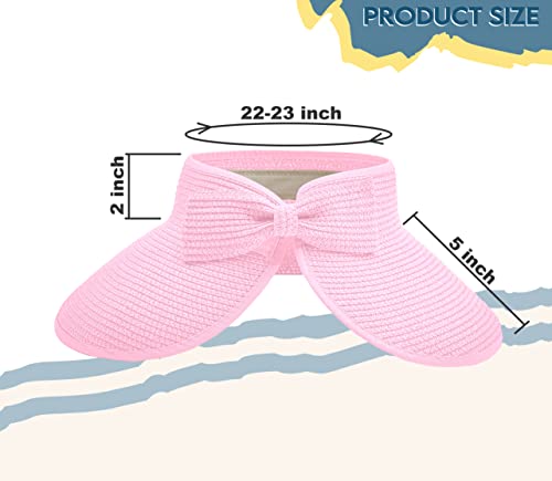Straw Sun Visor for Women, Wide Brim UPF 50+ Protection Beach Hat, Adjustable, Roll Up Foldable Ponytail Cap with Chin Strap - color: Light Pink
