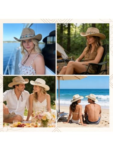Hat for Summer - Women's Straw Cowboy Hat with Turquoise Starfish Beaded Band and Adjustable Chin Strap - Coastal Boho Western Sun Hat in Khaki