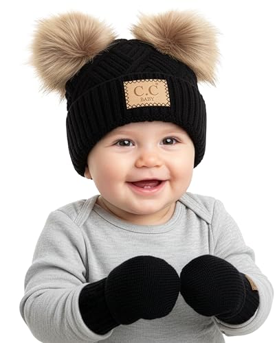 Funky Junque Baby Double Faux Fur Pom Pom Beanie & Mittens Set – Newborn Infant 0–9 Months Winter Hat with Soft Lined Mittens - color: Diagonal Basketweave: Black (0-9 Months)
