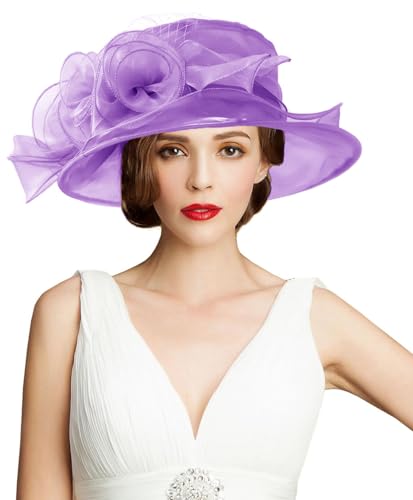 Women's Kentucky Derby Church Dress Hat Wide Brim Leaf Flower Bridal Shower Hat - color: A6 Purple