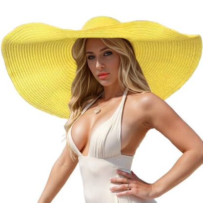 Oversized Beach Hat Women, Extra Wide Brim Foldable Straw Floppy Sun Hat - color: Yellow