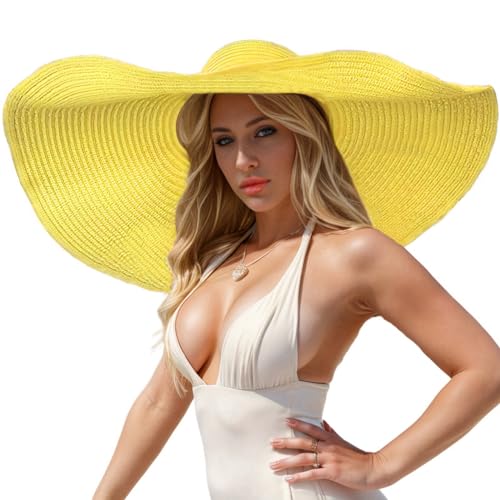 Oversized Beach Hat Women, Extra Wide Brim Foldable Straw Floppy Sun Hat - color: Yellow