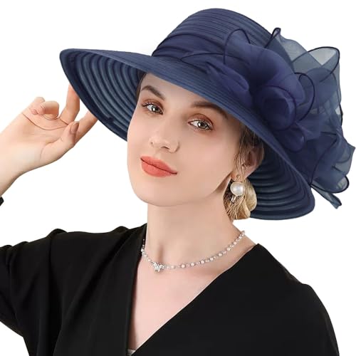 DRESHOW Lady Derby Dress Church Bowler Cloche Hat Bowknot Organza Bridal Cap for Wedding - color: 1 Pack: Navy
