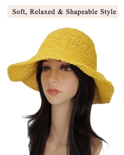 Womens Crochet Straw Sun Hat Foldable Floppy Wide Brim Beach Hat for Summer - color: Yellow