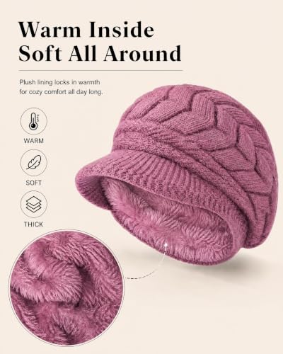 YSense 2 Pack Womens Winter Hats Warm Knit Beanie with Visor - color: Grape Black