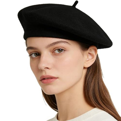 Women French Beret Hat Solid Artist Hat Wool Beret Winter Warm Beanie Cap - color: Black