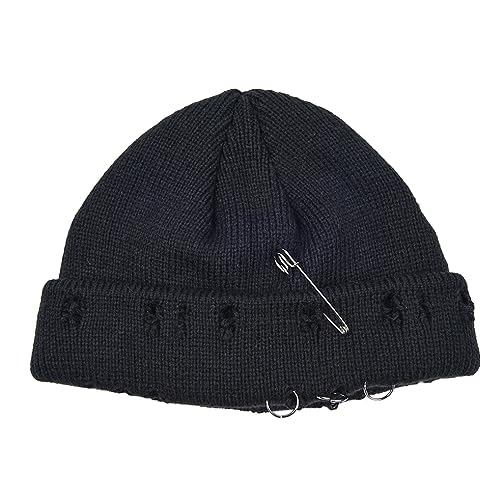 AIBEARTY Swag Short Fisherman Beanie for Men Women Rolled Cuff Beanie Skull Caps Wool Knit Winter Ski Hat with O Rings - color: Black With Pin