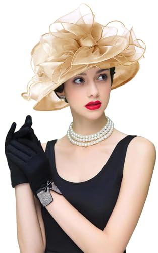 Women's Kentucky Derby Church Dress Hat Wide Brim Leaf Flower Bridal Shower Hat - color: S8 Gold