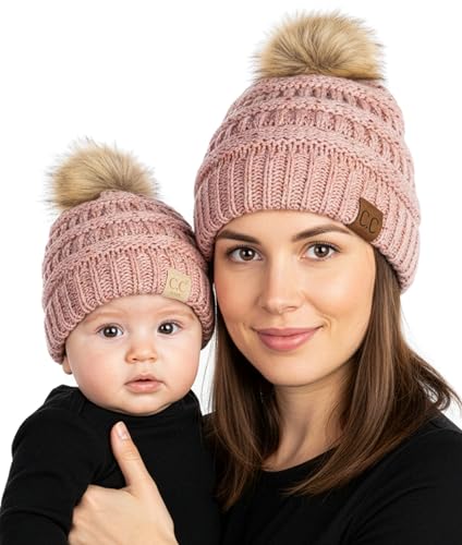 Funky Junque Mommy & Me Pom Pom Beanies Set – Infant Baby & Mom Matching Winter Outfits, Warm Newborn & Women's Beanie Hats - color: Confetti - Indi Pink (Faux Fur Pom)
