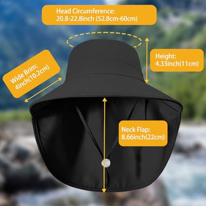 Ruqizhi Sun Hats for Women with Neck Flap Ponytail Hole Women Sun Hats Rollable UV Protection Fishing Hats Wide Brim UPF 50+ - color: Black