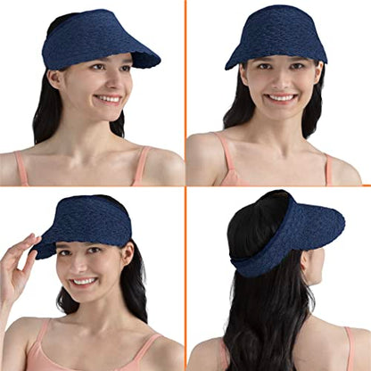 SUN CUBE Women Sun Visor Hat, Straw Beach Hat Wide Brim UV Protection, Foldable Packable Cap, Roll Up Ponytail Summer Visor - color: Navy
