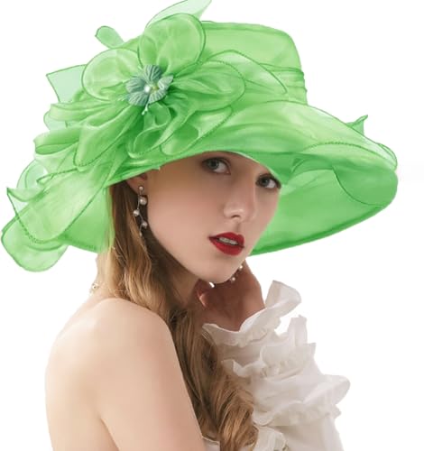 Organza Fascinator Hat - Women’s Wide Brim Church Bridal Tea Party Wedding Hat - color: 02a-apple Green