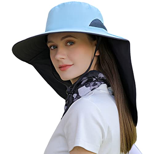 HUAMULAN Women Men Wide Brim Sun Hat Hiking Fishing Hats with Neck Flap - color: Hyp011-blue
