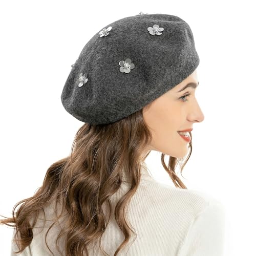 ZLYC Women French Beret Hat Reversible Knit Thickened Warm Artist Cap - color: Paillettes Gray