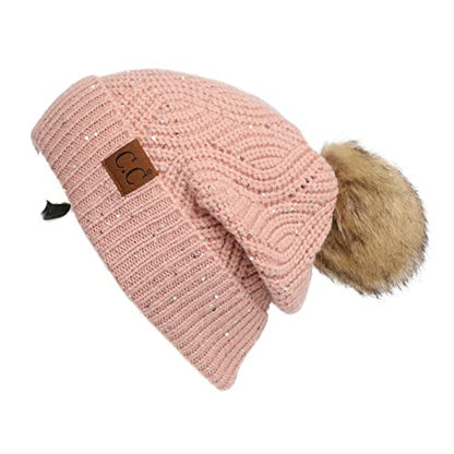 C.C Hatsandscarf Exclusives Unisex Solid Ribbed Beanie with Pom (HAT-43) - color: A Brioche Cable Pattern-rose