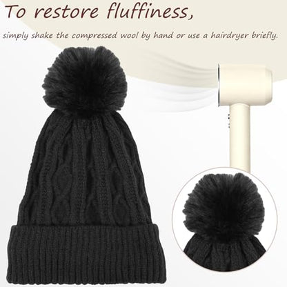 Pom Pom Beanie for Women & Girls, Warm Knit Winter Hat - color: Black