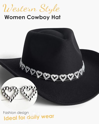 Western Cowboy Hat for Women Wide Brim Cowgirl Hats - color: Heart Black