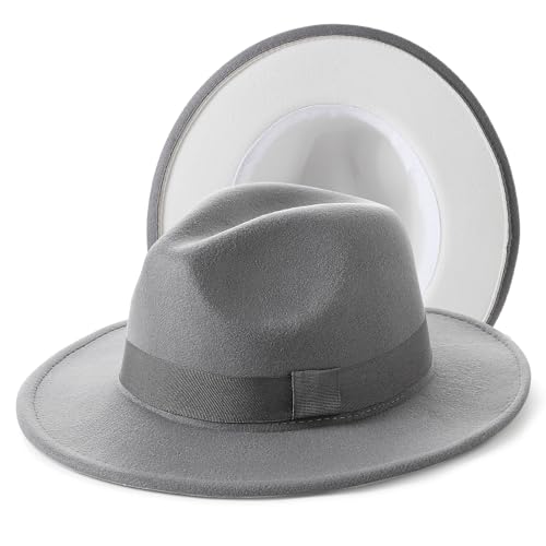 BABEYOND 1920s Fedora Hat for Men Gatsby Wide Brim Hat Felt Panama Cap - color: Wh/Gray-gr
