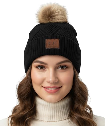 Funky Junque Women’s Pom Pom Beanie – Soft Knit Winter Hats for Women & Teens, Warm Fashionable Beanie with Faux Fur Poms - color: Black - Diagonal Stripes