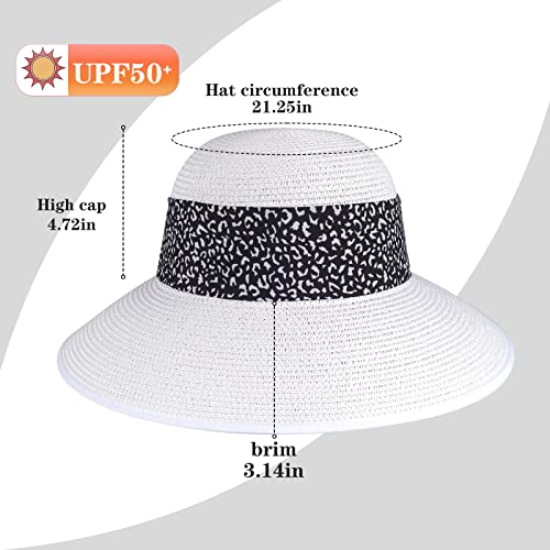 Womens Straw Sun Hat Summer Beach Wide Brim UV Protection Hats with Chin Strap Floppy Foldable Cute Bowknot UPF 50 Cap - color: Leopard White