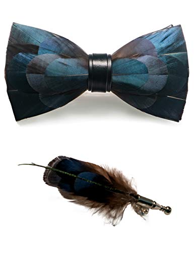 RBOCOTT Handmade Feather Pre-tied Bow tie and Brooch Sets for Men - color: Peacock Blue