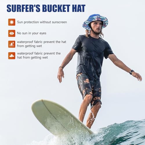 Tontron Surf Bucket Hat with Chin Straps and Neck Flap for Surfing, SUP,Kayaking,and Watersports - color: Tropical Leaf Blue, size: Small
