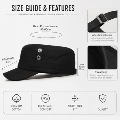 Cadet Army Cap Unisex Military Hat Adjustable Flat Top Cap Baseball Cap - color: Round Button Black