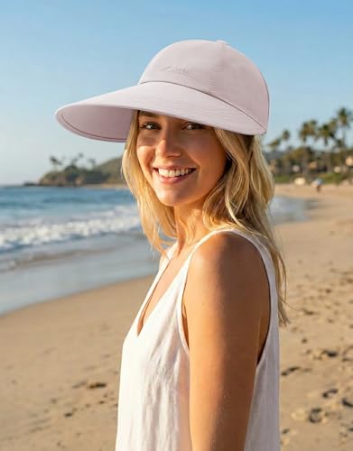 Sun Hats for Women Outdoor Wide Brim UV Protection Hollow Top Summer Beach Packable Visor with Ponytail-Hole - color: Pink