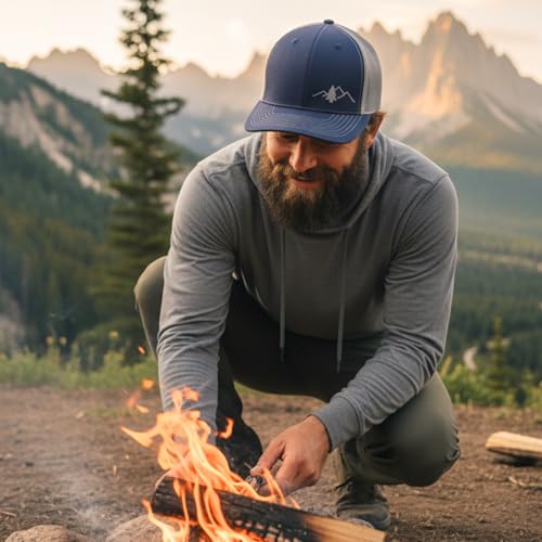 LINDO Trucker Hat [ Great Outdoors Design ] for Men and Women: Mid Profile Cap with Breathable Mesh Back and Adjustable Snap - color: Blue