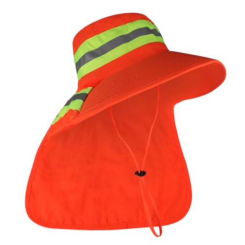 High Visibility Reflective Sun Hat Mesh Work Safety Boonie Hat UPF50+ Wide Brim Bucket Cap for Outdoor Hiking Men Women - color: Orange(with Neck Flap)